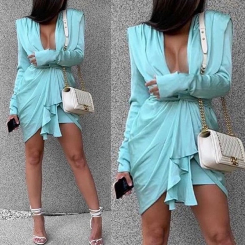 HOUSE OF CB‎ 'Pascale' Aqua Draped plunge Satin Mini Dress NWOT size M